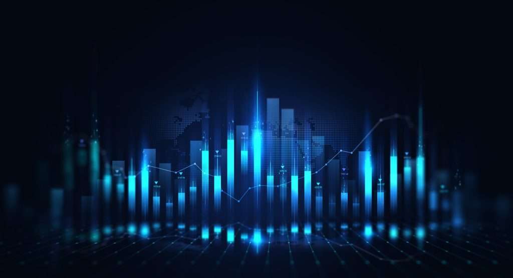 glowing blue bar graphs and line graphs on a dark background, representing financial data. A world map is faintly visible in the background, giving it a high-tech feel.